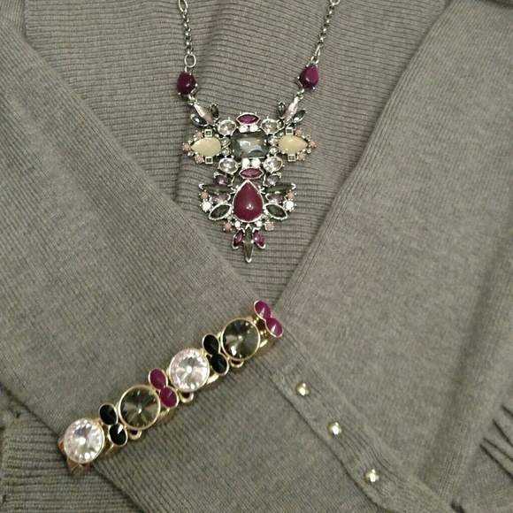 White House Black Market Silver Chain Long Necklace With Pink & Gray Rhinestones - Picture 4 of 6